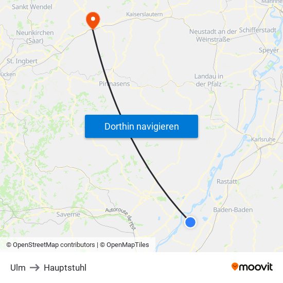 Ulm to Hauptstuhl map