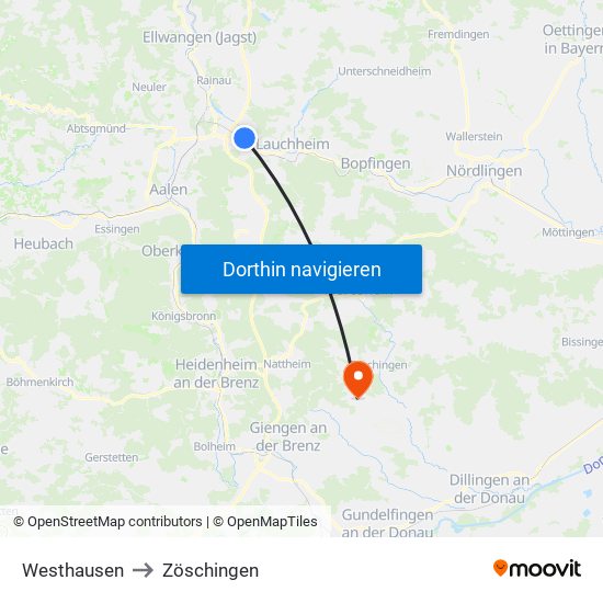 Westhausen to Zöschingen map