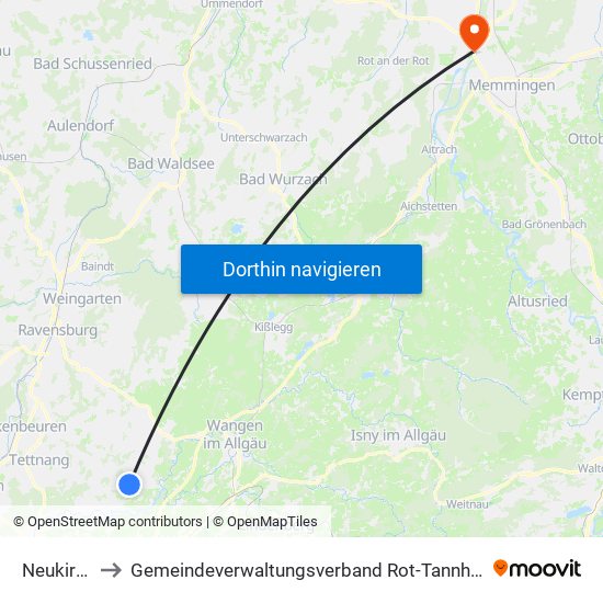 Neukirch to Gemeindeverwaltungsverband Rot-Tannheim map