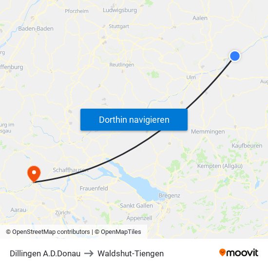 Dillingen A.D.Donau to Waldshut-Tiengen map