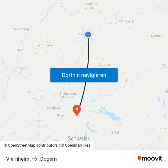 Viernheim to Dogern map