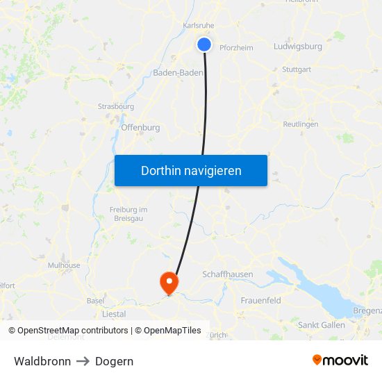 Waldbronn to Dogern map