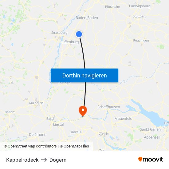 Kappelrodeck to Dogern map