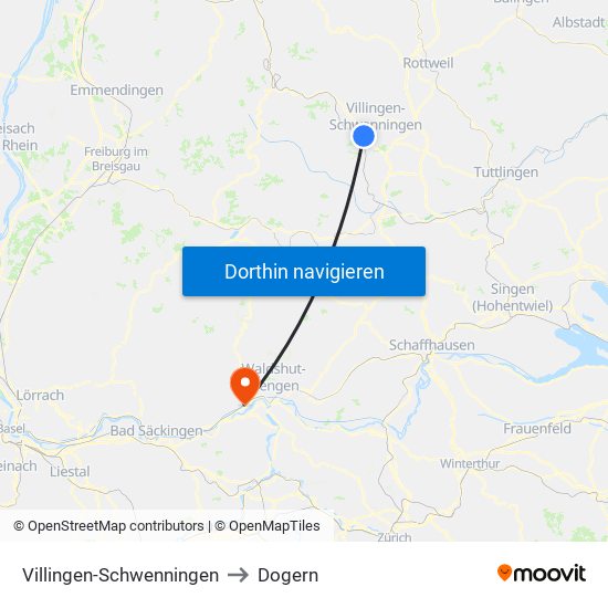 Villingen-Schwenningen to Dogern map