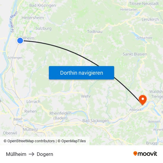 Müllheim to Dogern map