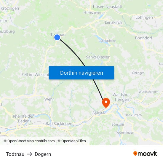 Todtnau to Dogern map