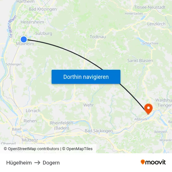 Hügelheim to Dogern map