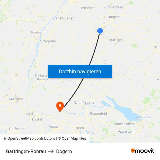 Gärtringen-Rohrau to Dogern map