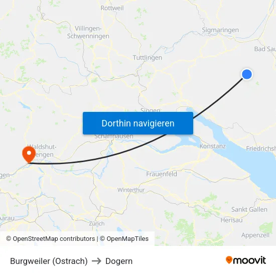 Burgweiler (Ostrach) to Dogern map