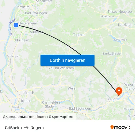 Grißheim to Dogern map