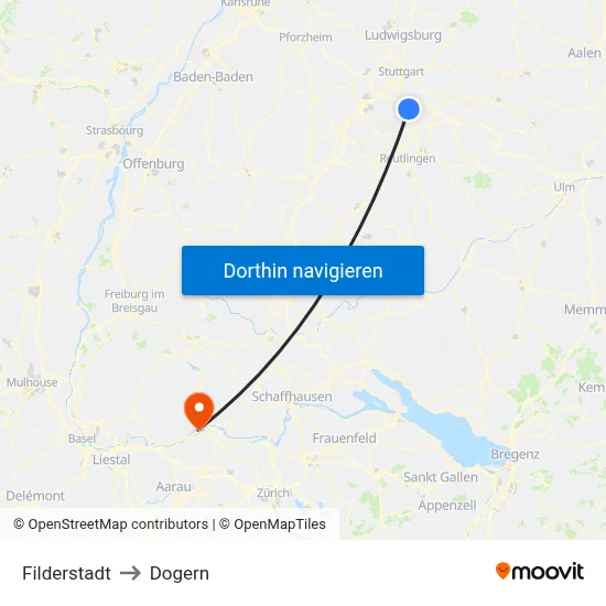 Filderstadt to Dogern map