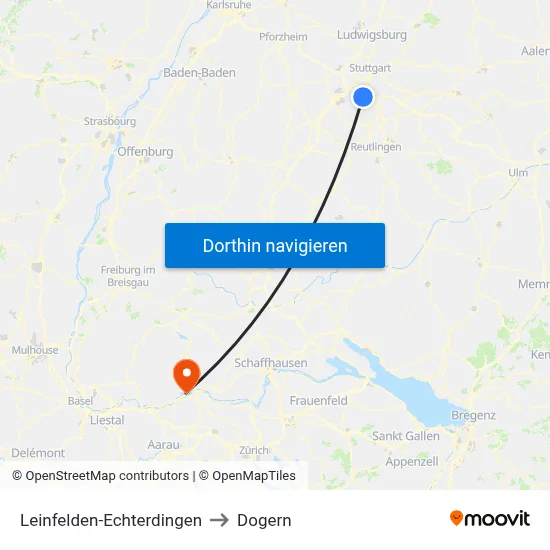 Leinfelden-Echterdingen to Dogern map