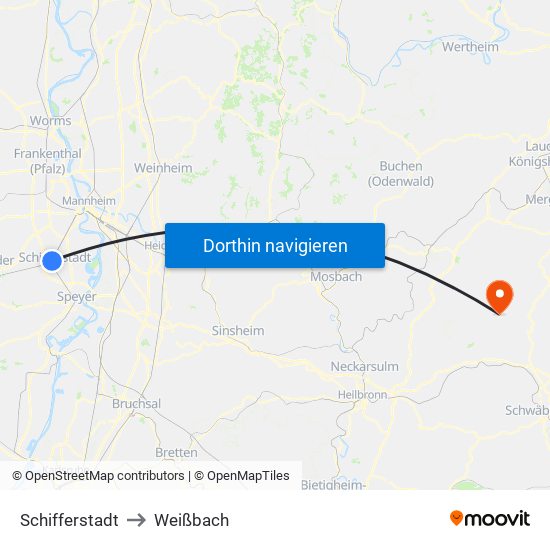 Schifferstadt to Weißbach map