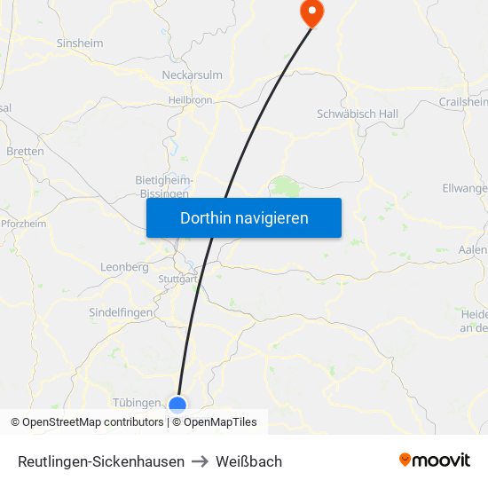 Reutlingen-Sickenhausen to Weißbach map