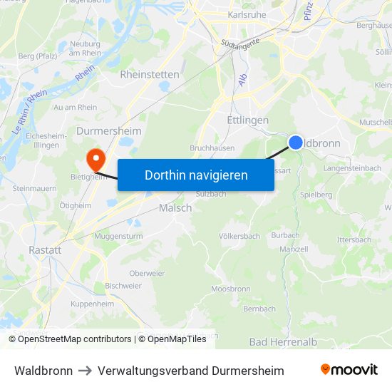 Waldbronn to Verwaltungsverband Durmersheim map