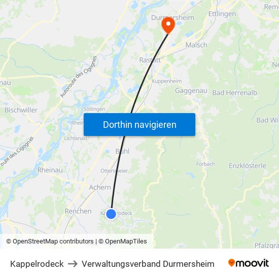 Kappelrodeck to Verwaltungsverband Durmersheim map