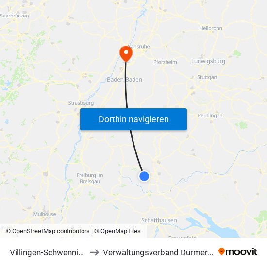 Villingen-Schwenningen to Verwaltungsverband Durmersheim map