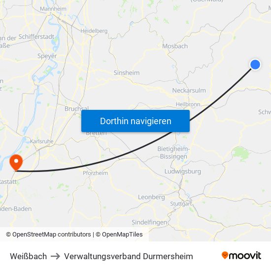 Weißbach to Verwaltungsverband Durmersheim map