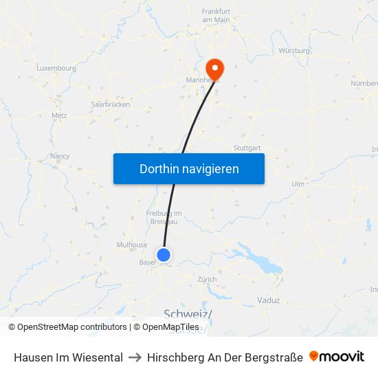 Hausen Im Wiesental to Hirschberg An Der Bergstraße map