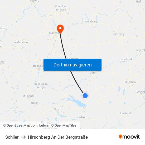 Schlier to Hirschberg An Der Bergstraße map