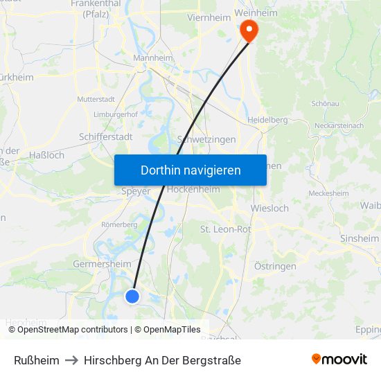 Rußheim to Hirschberg An Der Bergstraße map