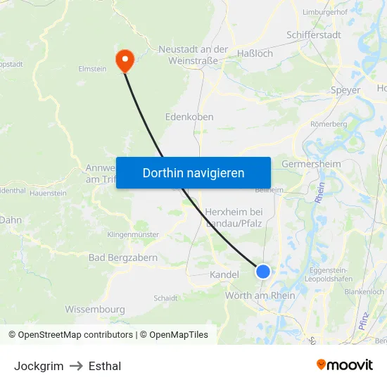 Jockgrim to Esthal map