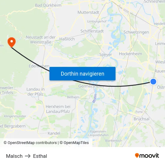 Malsch to Esthal map