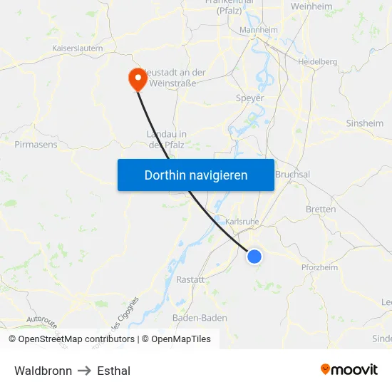 Waldbronn to Esthal map
