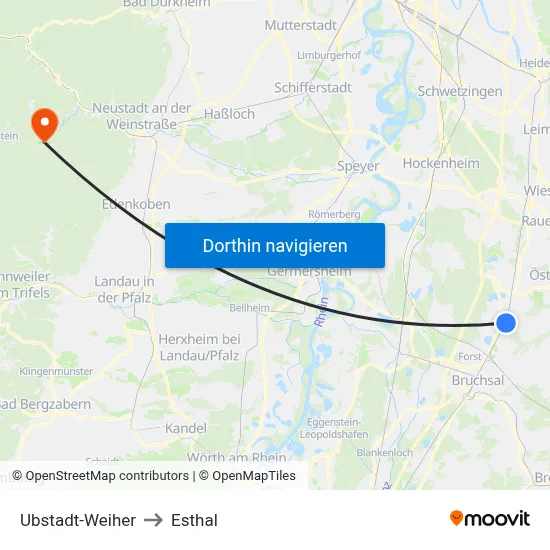Ubstadt-Weiher to Esthal map