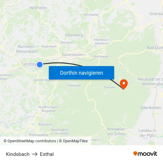 Kindsbach to Esthal map