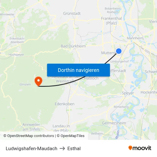 Ludwigshafen-Maudach to Esthal map