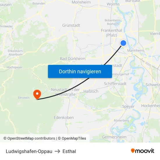 Ludwigshafen-Oppau to Esthal map