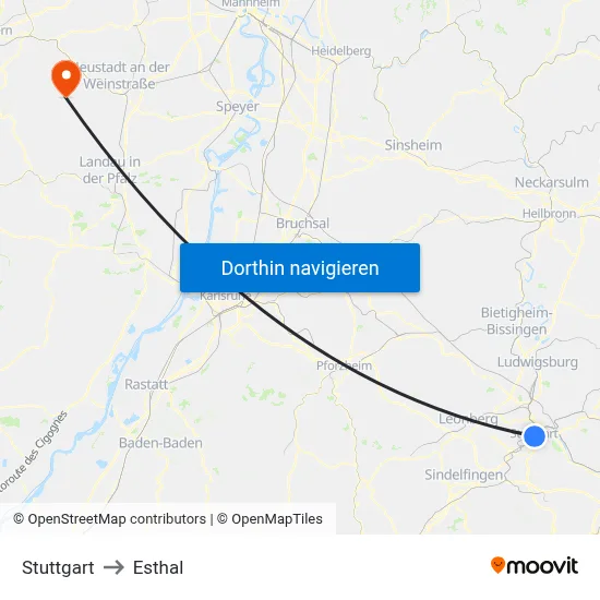 Stuttgart to Esthal map