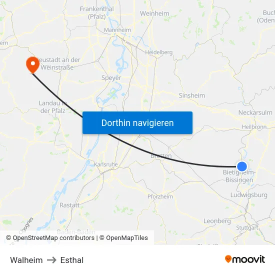 Walheim to Esthal map