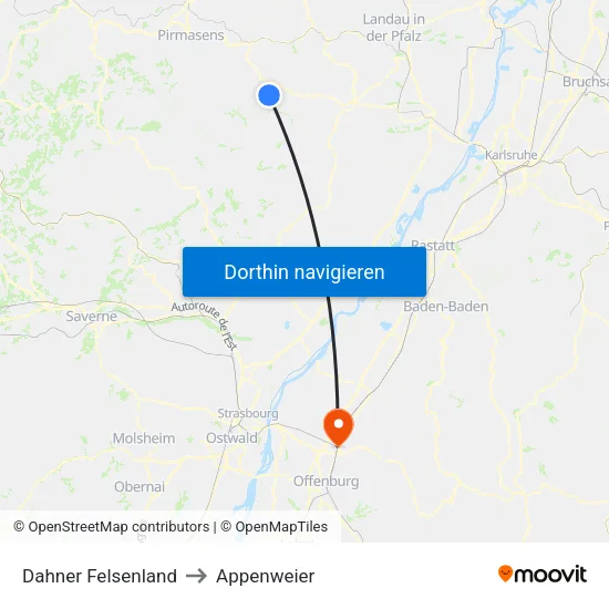 Dahner Felsenland to Appenweier map