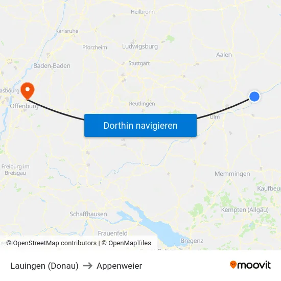 Lauingen (Donau) to Appenweier map