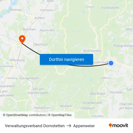Verwaltungsverband Dornstetten to Appenweier map