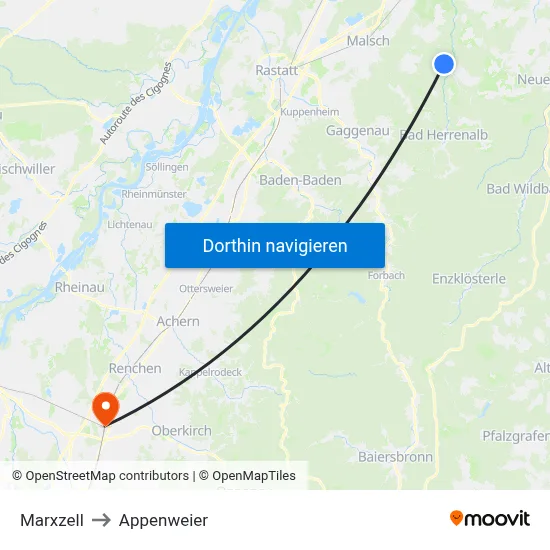 Marxzell to Appenweier map