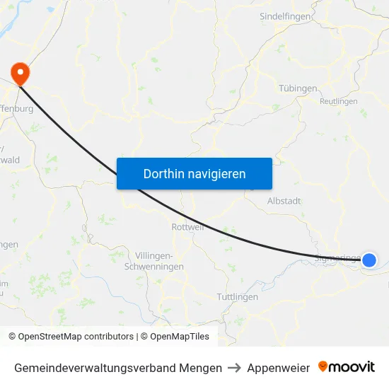 Gemeindeverwaltungsverband Mengen to Appenweier map
