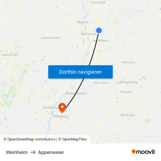 Weinheim to Appenweier map
