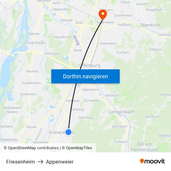 Friesenheim to Appenweier map