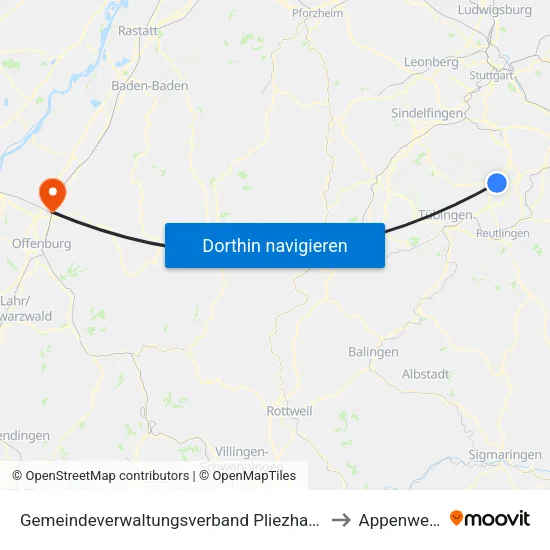 Gemeindeverwaltungsverband Pliezhausen to Appenweier map