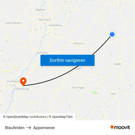 Blaufelden to Appenweier map