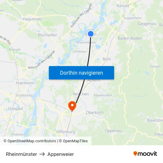 Rheinmünster to Appenweier map