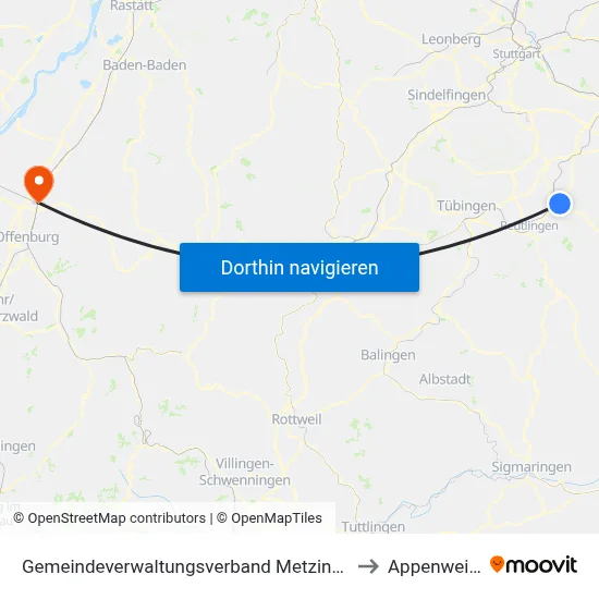 Gemeindeverwaltungsverband Metzingen to Appenweier map