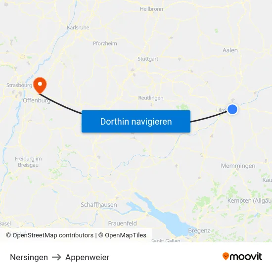 Nersingen to Appenweier map