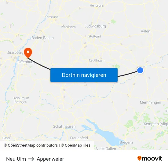 Neu-Ulm to Appenweier map