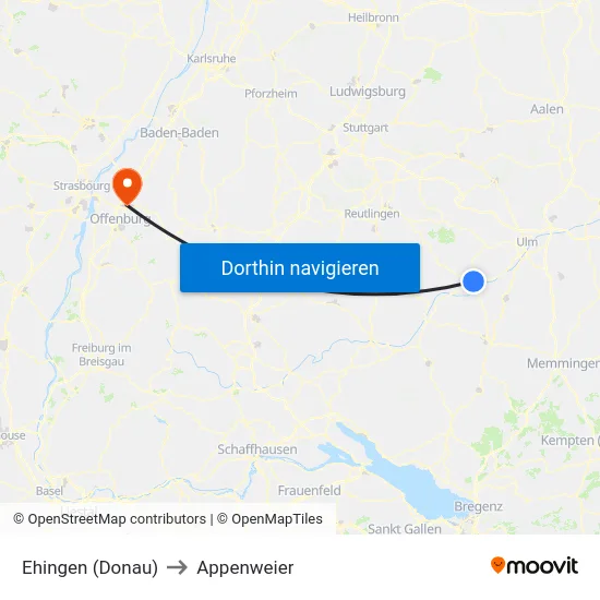 Ehingen (Donau) to Appenweier map