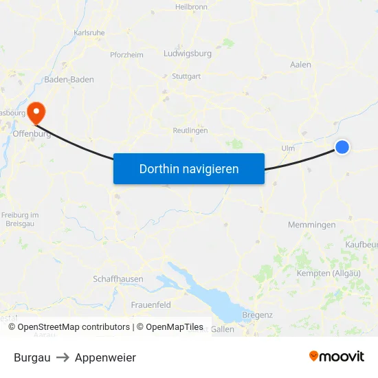 Burgau to Appenweier map