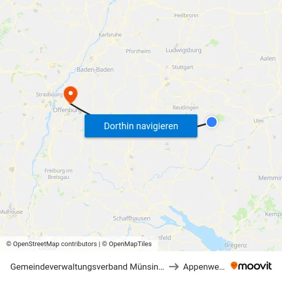Gemeindeverwaltungsverband Münsingen to Appenweier map